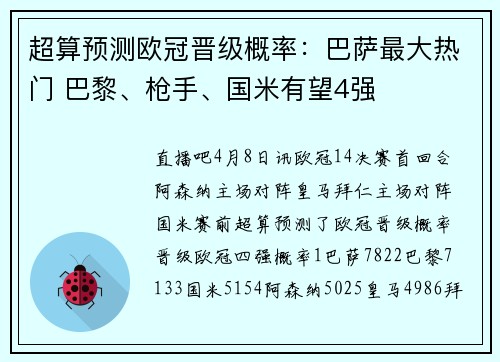 超算预测欧冠晋级概率：巴萨最大热门 巴黎、枪手、国米有望4强